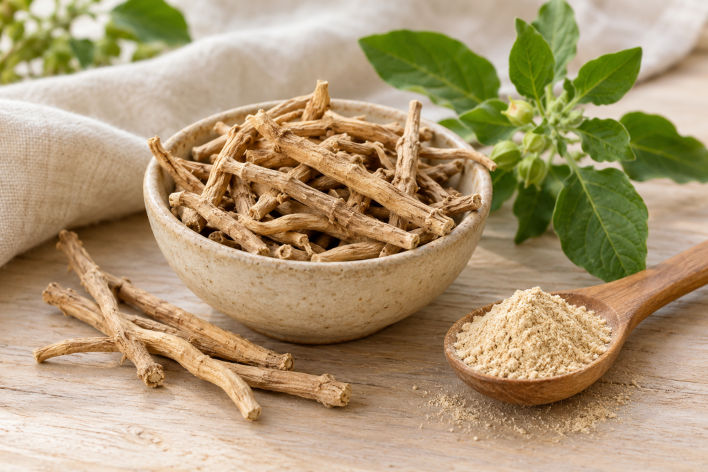Ashwagandha para qué sirve: raíces secas en un cuenco y polvo en una cuchara de madera