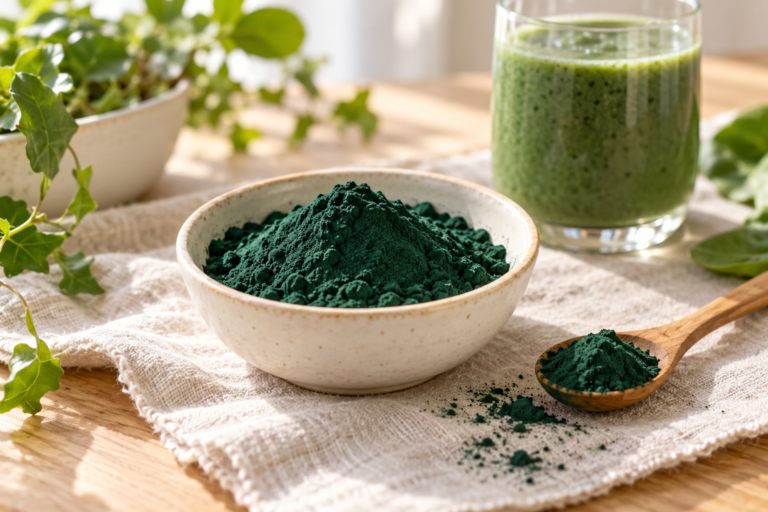 Espirulina para qué sirve: cuenco y cuchara con polvo junto a un batido verde
