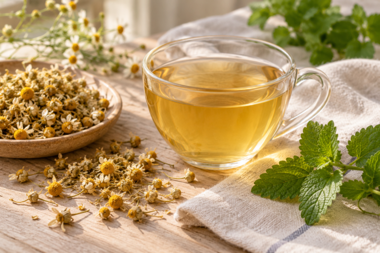 Infusiones para dormir: taza de infusión con flores de manzanilla y hojas de melisa